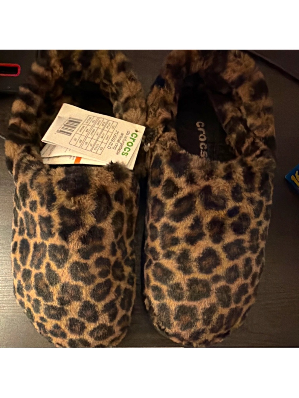 CROCS Kids Leopard Print Furry Clog Slippers - Brown/Black